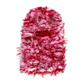 Close-up of pink and red distressed knit balaclava with frayed fringe and eye opening - One Size / Rose Red