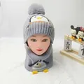 Gray knitted baby beanie with penguin embroidery, earflaps, and matching neck warmer set - Penguin Hat And Scarf Set Gray