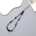 Dragonne de téléphone en perles de cristal avec perles noires et nœud bleu pour poignet - Style Carré Noir Bleu Blanc (K2209)