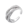 Macro shot of silver criss-cross ring with micro-paved white crystals and adjustable band - Platinum White Zirconia