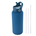 Matte blue stainless steel insulated water bottle 1L with 2 straws and cleaning brush set - 1 L / Lake Blue