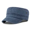 Classic washed cotton flat top army cap in navy blue with vintage breathable design - Adjustable / Navy Blue