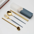 Gray-blue portable stainless steel cutlery set with golden finish and flower detail - Type D Blue+Gold