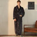 Men's thick coral fleece long bathrobe in Hurricane Black with white piping - Hurricane Black (Male)