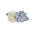 Detail view of light blue fabric and cream mesh flower hair clips with green leaves - Style 2 (Beige Mesh & Grey-Blue Flower)