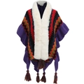 Close-up of knit poncho with white faux fur collar and vibrant colorful tassels - Purple/Red Splicing (7#)