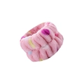 Pink plush wristband for spa and face washing featuring colorful polka dot patterns - Bean Paste Colorful Dots