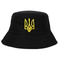 Black cotton bucket hat with yellow Ukrainian trident embroidery in a flat lay view - Black