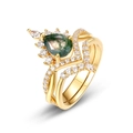 Eleganter S925 Silberring in Gold mit grünem Moosachat und weißen Zirkonia-Steinen besetzt - US7# / Gold