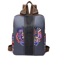 Grauer Nylon Rucksack mit buntem Drachen-Tiger-Masken-Druck und braunen Trageriemen - Grau