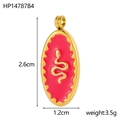 Detail of oval gold pendant with red enamel, relief snake design and dimension metrics - Snake Oval-Red (HP14787B4)