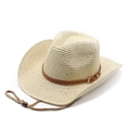 Sombrero Panamá clásico de paja crema con banda de cuero y barbijo ajustable - Beige