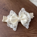 Elastic baby lace headband featuring a beige satin bow on a soft butterfly lace band - D20 Double Layer Bow Narrow Headband