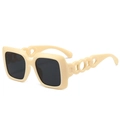 Retro square oversized sunglasses with beige frames and cutout chain temple design - Beige Frame Black Gray Lens
