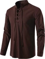 Detail van donkerbruin linnen henleyshirt met vetersluiting bij de hals op wit - koffiekleur