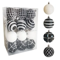 Set de bolas de Navidad en negro blanco y plata con varios diseños y texturas decorativas - Juego de 24 Piezas (6cm) / Negro y Blanco