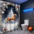 Detailed Christmas shower curtain view featuring a horse print with festive berry borders - Running Horse in Snow / 90*180cm