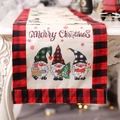 Christmas gnome table runner with red buffalo plaid edges and Merry Christmas text - Plaid Hat Gnome