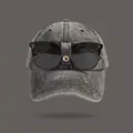 Washed dark gray denim baseball cap with creative black sunglasses attached to the brim - Adult M (56-58cm) / Built-in Sunglasses Style / Black