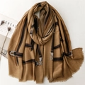 Brown cotton-linen feel scarf with chain belt patterns and fringed edges on white background - 180*88cm / Dark Khaki