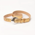 Golden leather belt featuring a unique silver crescent buckle on white background - Gold