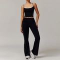 Ensemble de yoga noir deux pièces avec haut dos nu et pantalon évasé à rayures blanches - S / Haut et Bas (5009/5009) / Ensemble Pantalon Évasé / Noir Premium