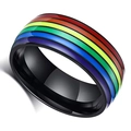 Black stainless steel rainbow pride ring with colorful stripes and polished inner band - Size 6 / 6-Color Rainbow Stripe Style / Black
