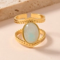 Vintage stainless steel open ring with dual-line design and oval blue natural stone - One Size / Light Green Natural Stone