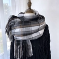 British style checkered scarf in black, white and ocher yellow with fringe detail - Black