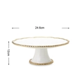 White ceramic cake stand with golden bead trim edges, size 24.6cm diameter by 12cm height - 10 Inch Gold Cake Stand