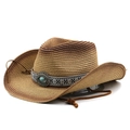 Detail of woven straw cowboy hat featuring ethnic pattern band and turquoise metal ornament - M(56-58cm) / Khaki Coffee