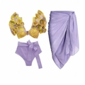 Three-piece floral bikini set with high-waist purple bottoms and matching chiffon sarong - Y25 Yellow Purple Set