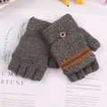 Detail of grey knitted convertible gloves with colorful striped flip top and button - One Size / Dark Gray