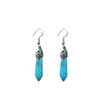 Detail of silver drop earrings with hexagonal turquoise stones and hollow floral patterns - Blue Turquoise