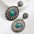 Macro detail of silver floral drop earrings featuring centered turquoise stones - Ellipse