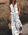 Detail of white sleeveless maxi dress with black letter print and deep V-neckline - Printed White