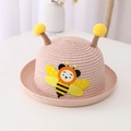 Pink straw hat for kids featuring cute yellow cartoon bee decals and fluffy pom-pom antennas - Hat Only / Pink