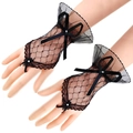 Guanti corti in pizzo nero con fiocco in rete e strass per costumi Halloween Lolita - Taglia unica / Nero