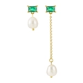 Asymmetric gold earrings featuring green gemstones and baroque pearls for women - Asymmetric Long & Short / With Silver Ear Plugs / 18K Gold / Green Stone