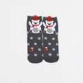 Gray Christmas socks featuring a cute polar bear with red hat and festive patterns - One Size / Snowflake Dark Gray