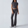 Women's dark gray 2-piece yoga set with short sleeve crop top and flared leggings - S / Dark Gray