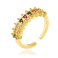 Detail of gold-plated copper ring with multicolor rectangular zircon and clear crystals - Adjustable Open / Three-Row Colorful Gemstone Design (J-1202)