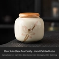 Miniature ash-glazed ceramic tea canister with hand-painted lotus and wooden lid - Hand Painted Straw Ash - Lotus