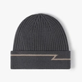 Dark grey knitted beanie featuring ribbed texture and beige striped Z pattern - Adjustable / Dark Gray (24B005)