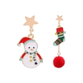 Asymmetric Christmas earrings featuring a snowman, red pompom, and golden star - Snowman Asymmetrical Earrings