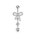Silver belly button ring featuring a zircon bow and heart pendant on white background - Style 2-Bowknot Heart