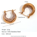 18K Gold plated stainless steel hoop earrings with AAA Zircon inlay and 4.0mm width - Double Layer Smooth Zircon Inlaid Earrings - Gold