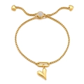 Pulsera corazón ajustable de acero dorado con cadena de caja y cierre de circonitas - Estilo Corazón Dorado (KB150888-Z)