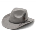 Detail of grey suede cowboy hat with feather accent and thin leather band decoration - M (56-59cm) / Gray