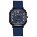Dettaglio dell'orologio quadrato con quadrante blu testurizzato e cinturino in silicone - Blu